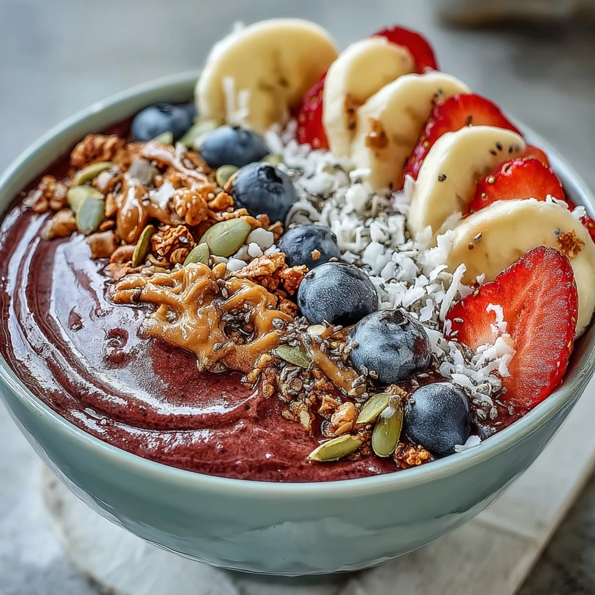 Thick, purple Acai Berry Smoothie Bowl with sliced banana, berries, and crunchy granola, served ready to eat.