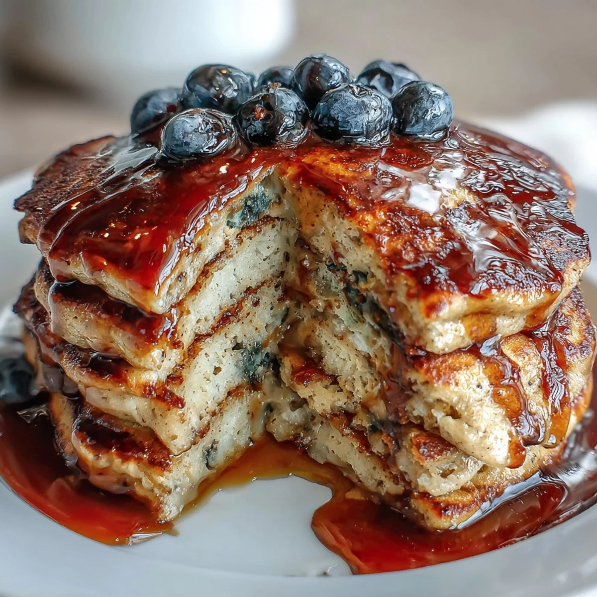 Golden-brown Protein Power Pancakes stacked high, topped with a dollop of Greek yogurt and fresh berries on a rustic plate.  
