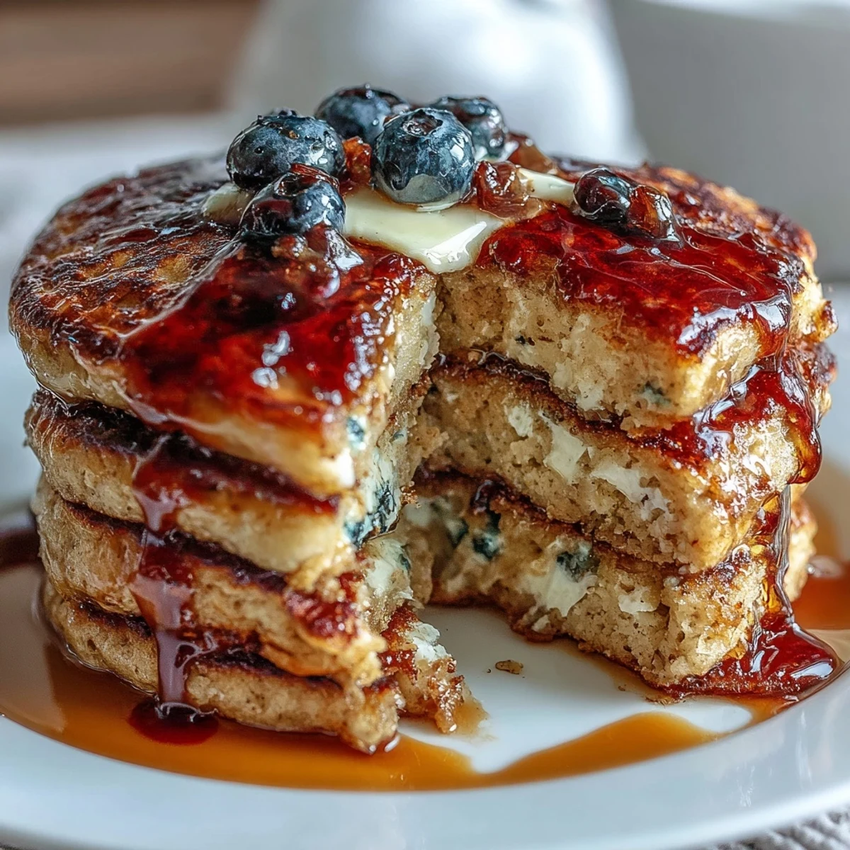 A wholesome breakfast spread featuring Protein Power Pancakes, sliced bananas, and a glass of orange juice.