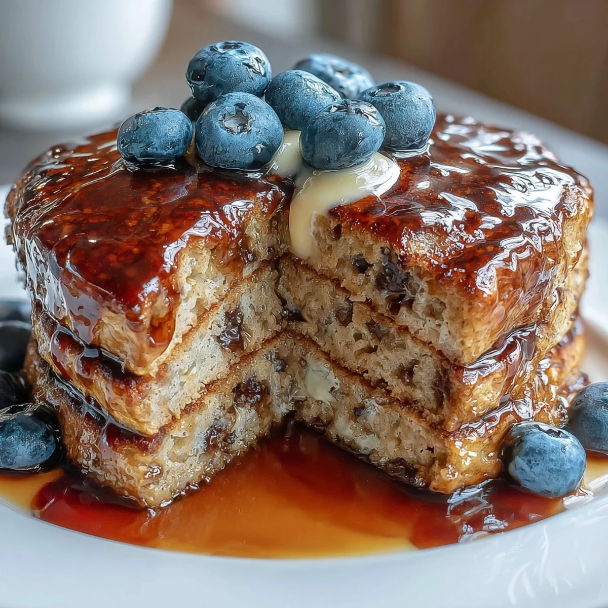 A close-up of fluffy Protein Power Pancakes being drizzled with warm maple syrup, glistening on the surface.  