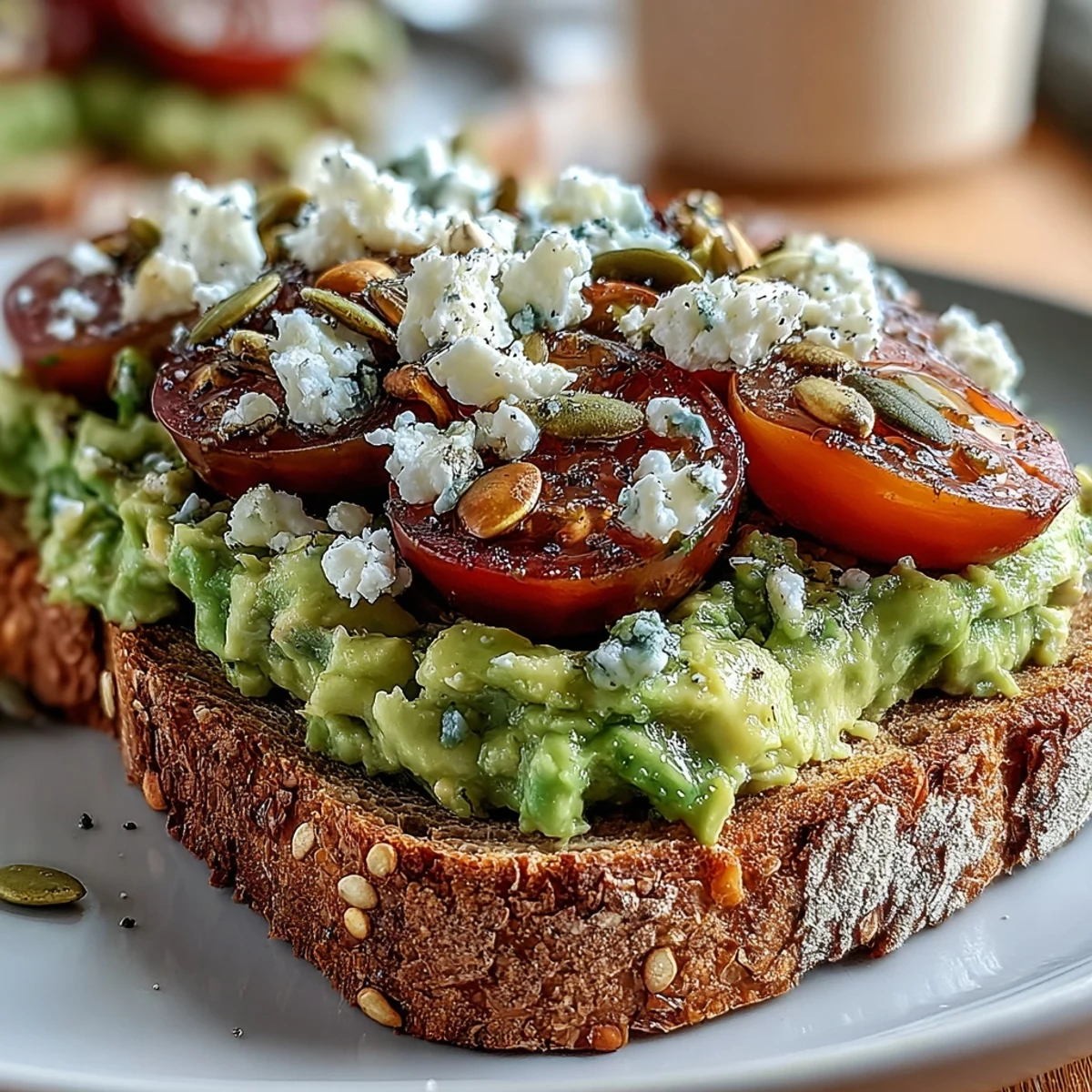 Creamy mashed avocado spread on golden toasted whole grain bread, topped with tomato slices and seeds for a vibrant breakfast.