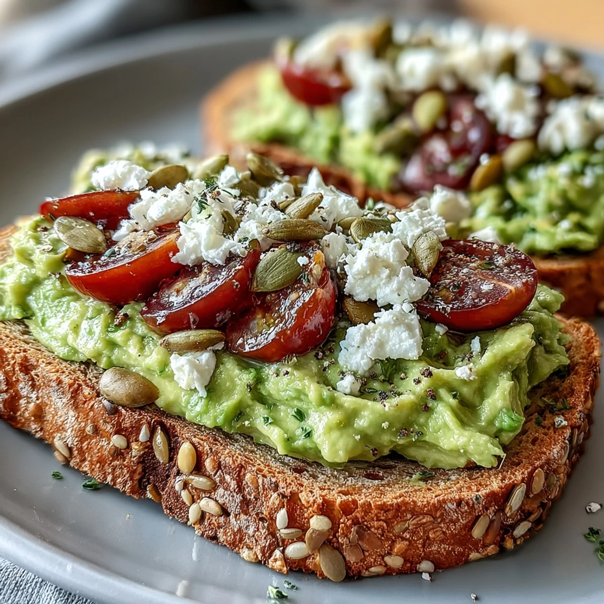 Perfectly ripe avocado mashed with lemon and sea salt on crispy whole grain toast, garnished with feta and a pinch of red pepper flakes.