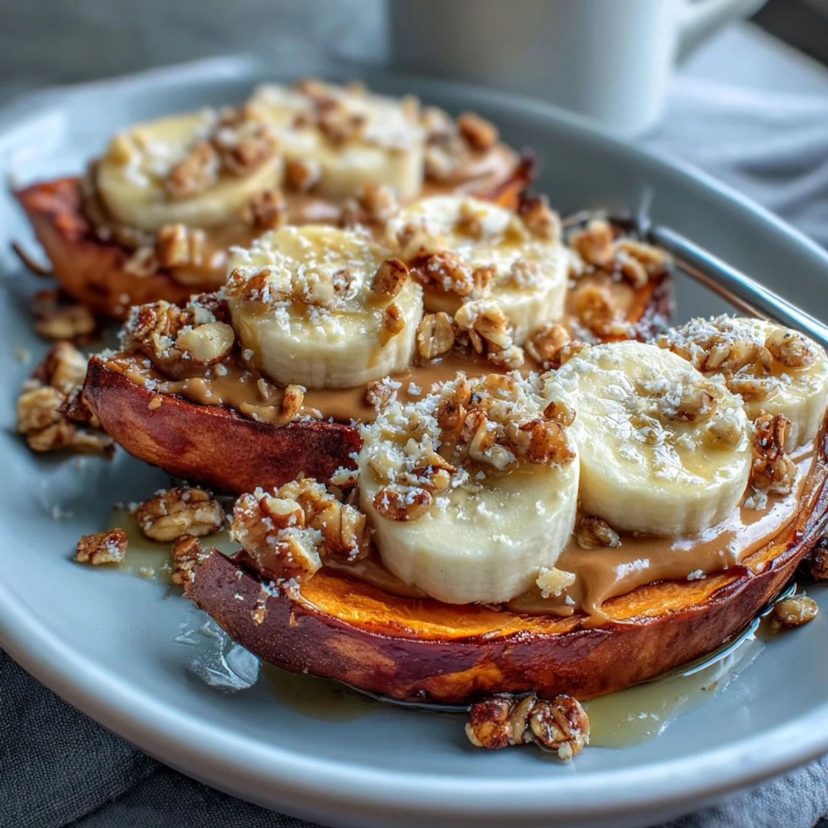 Golden roasted sweet potato toast topped with creamy avocado, sliced cherry tomatoes, and fresh herbs for a savory bite.  