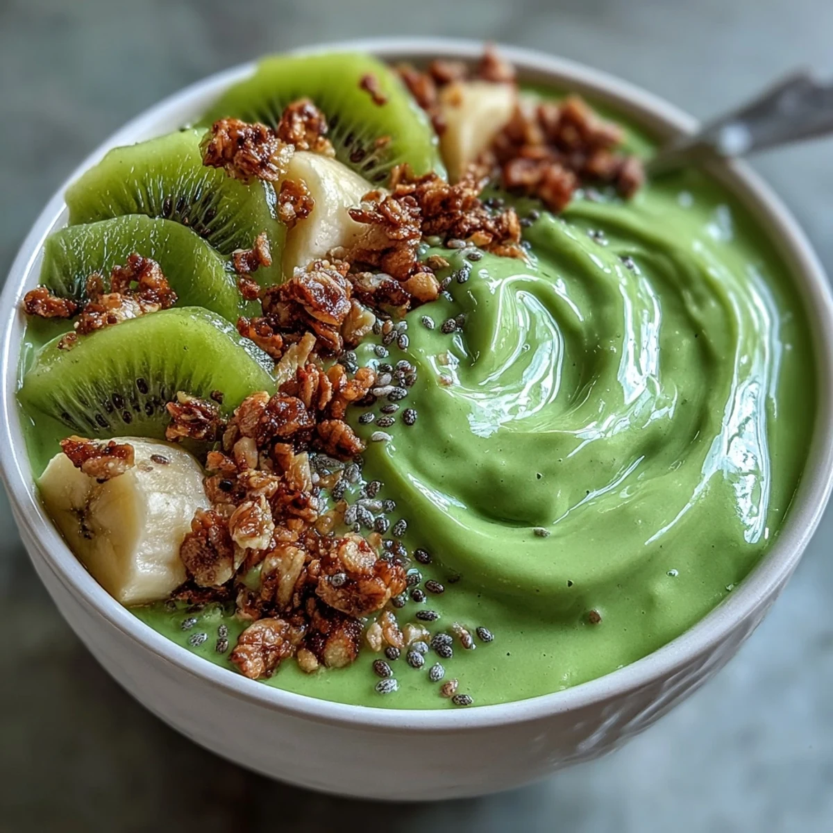 A vibrant Green Smoothie Bowl topped with fresh fruit and crunchy granola, served in a white ceramic bowl for a healthy breakfast.