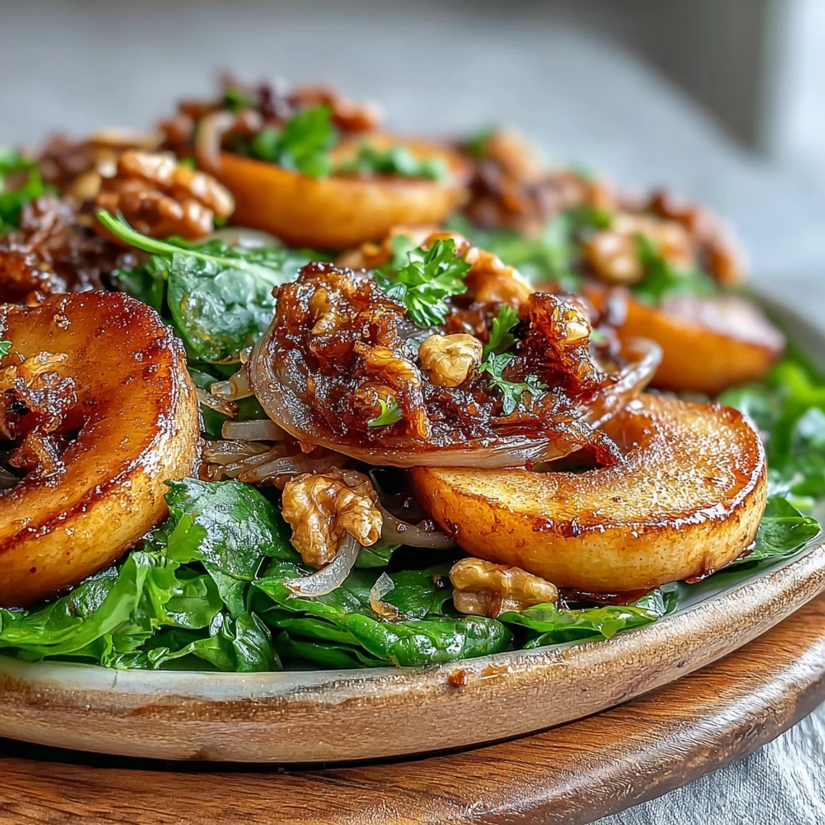 Warm Apple and Sauerkraut Skillet Salad served on a platter, topped with toasted walnuts and fresh parsley.