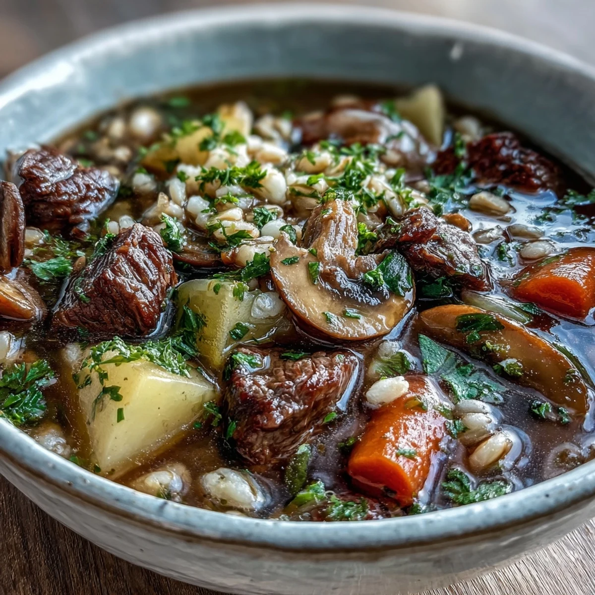 A steaming bowl of homemade Vegetable Beef, Barley, and Mushroom Soup featuring tender beef cubes, chewy barley, and chunky vegetables in a rich broth.