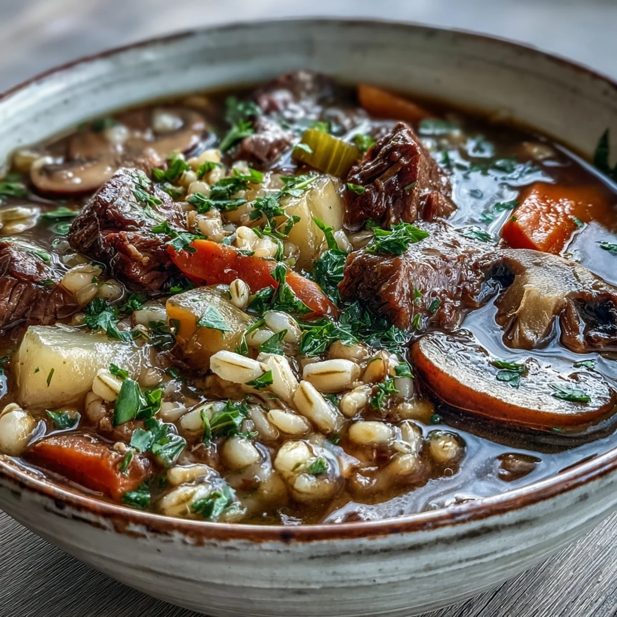 Hearty Vegetable Beef, Barley, and Mushroom Soup served hot in a rustic bowl, garnished with fresh parsley for a cozy family dinner.