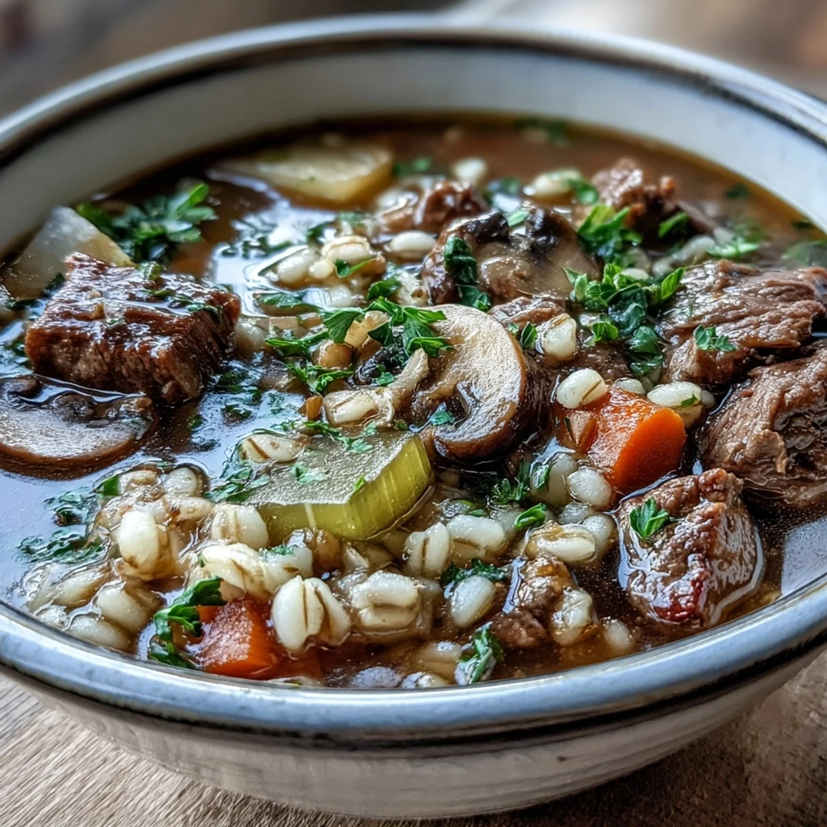 Spoon lifting a ladleful of Vegetable Beef, Barley, and Mushroom Soup showing mushrooms, carrots, and beef in a savory, herb-infused broth.