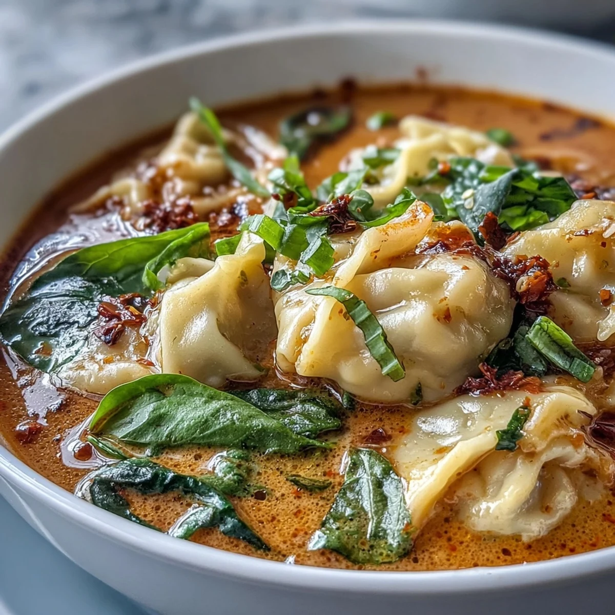 A steaming bowl of Red Curry Wonton Soup with Greens featuring plump wontons and vibrant bok choy.