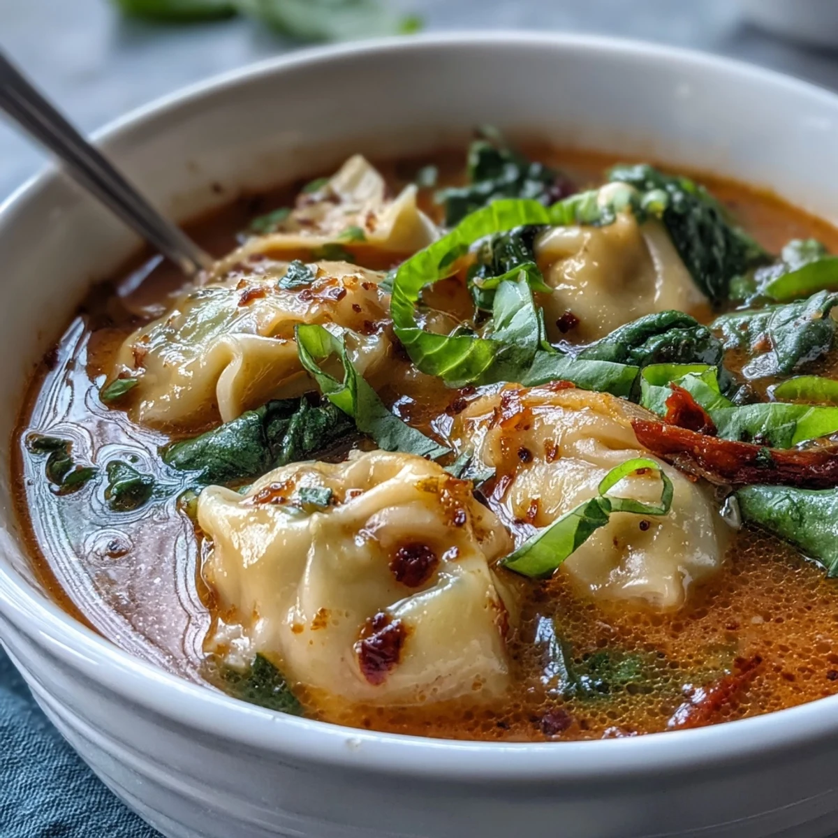 Homemade Red Curry Wonton Soup with Greens in a rustic bowl, highlighting tender snow peas and aromatic broth.