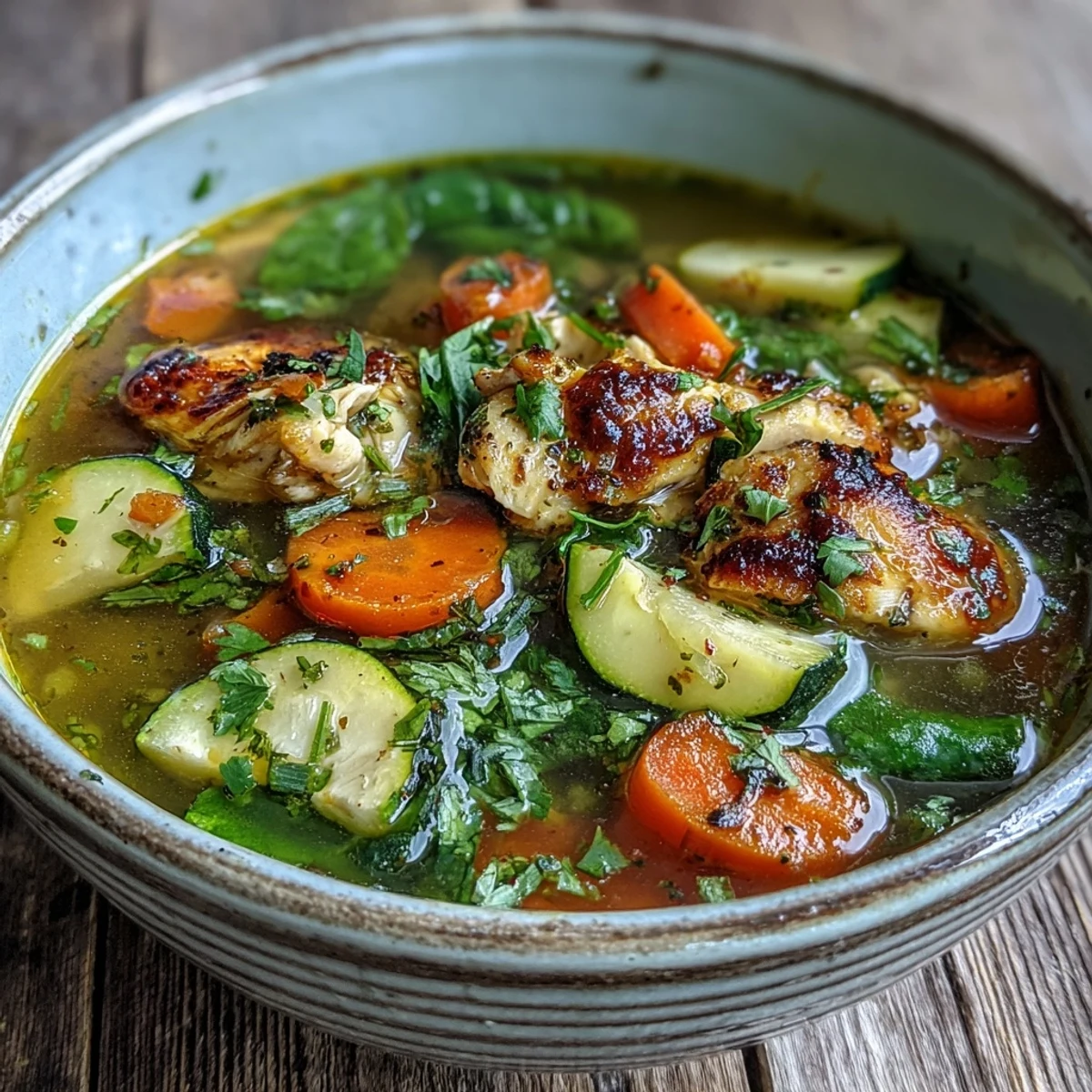 A steaming bowl of golden Turmeric Chicken Soup garnished with fresh cilantro and lemon slices.  