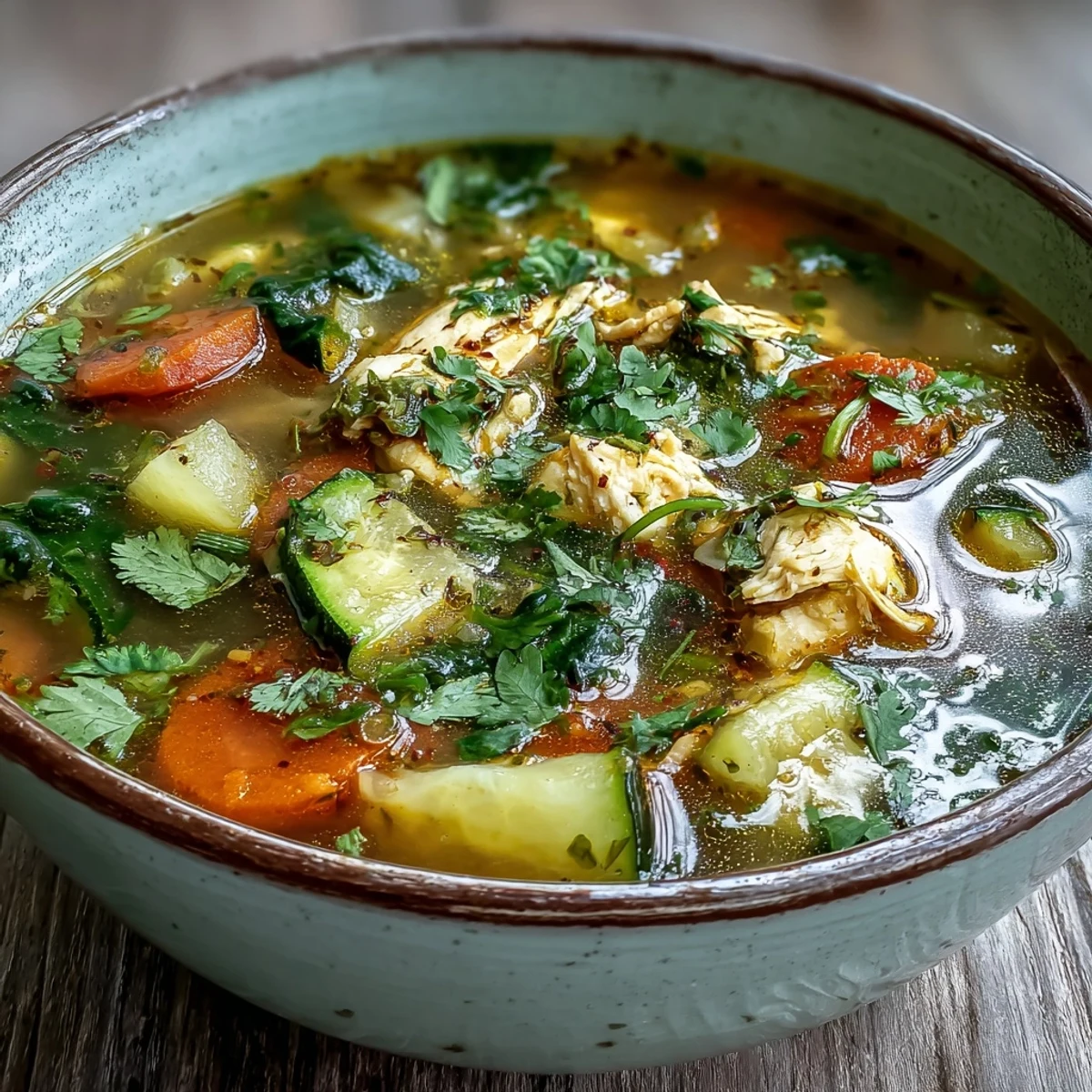 Hearty Turmeric Chicken Soup served with crusty bread for dipping and bright parsley garnish.  