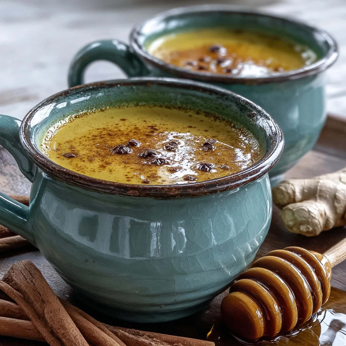 Two warm mugs of golden-hued Turmeric and Ginger Golden Milk, garnished with a cinnamon stick and a sprinkle of turmeric powder on a rustic wooden table.