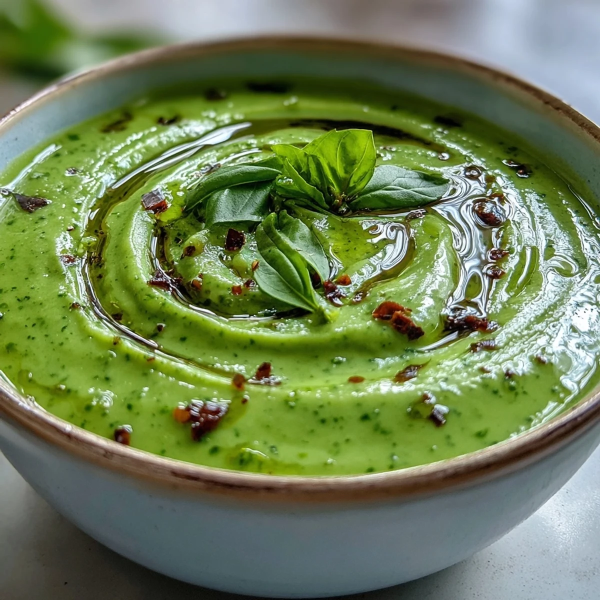 Spring-inspired Courgette, Pea and Pesto Soup with a vibrant green swirl, paired with a slice of crusty bread.
