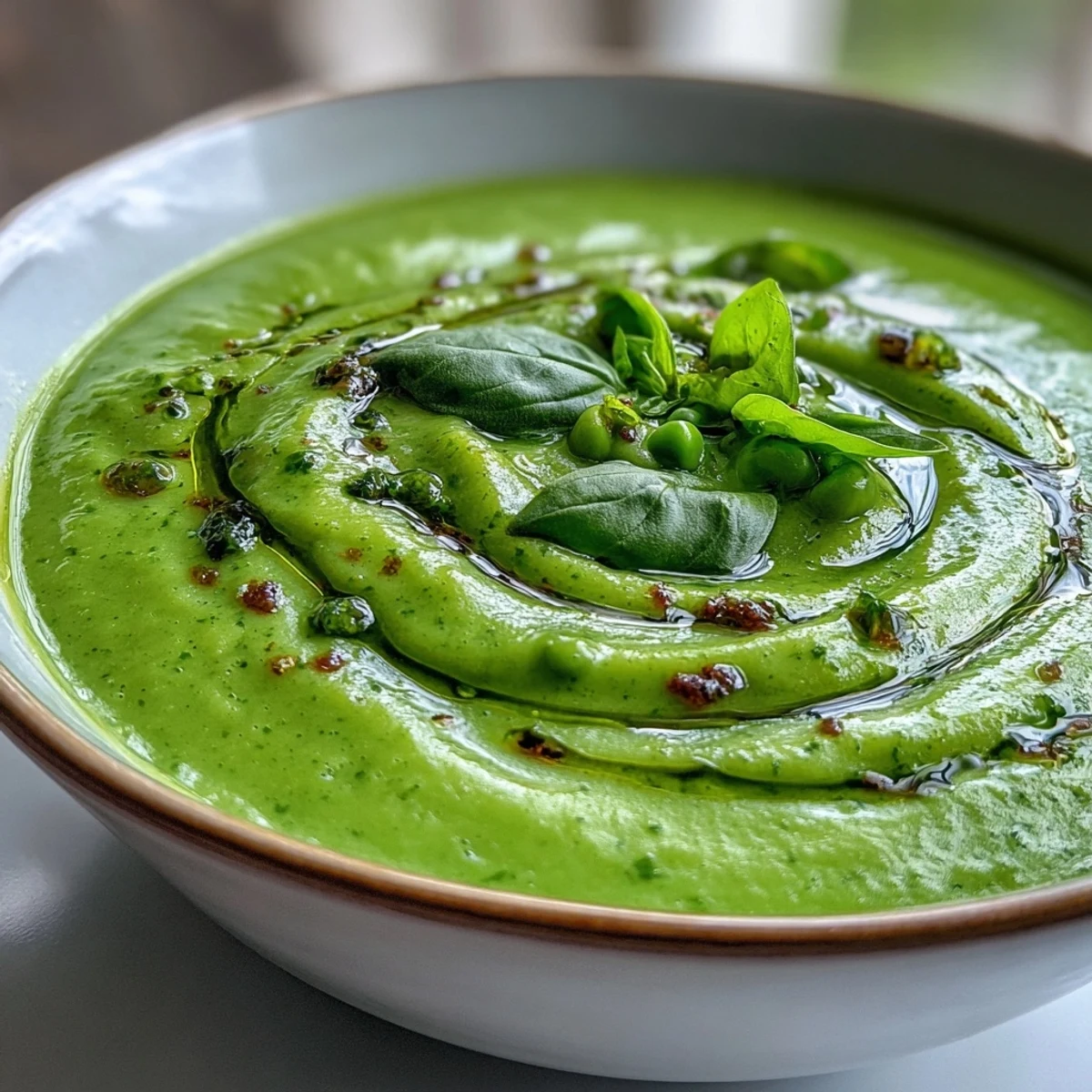 Homemade Courgette, Pea and Pesto Soup blended until silky smooth, topped with extra pesto and fresh herbs.