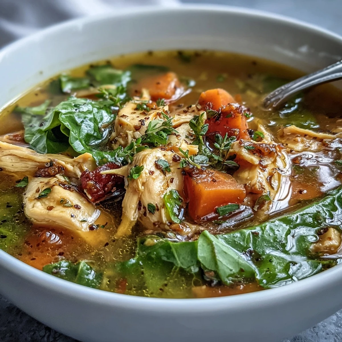 A close-up of High Protein Lemon and Turmeric Chicken Soup in a rustic bowl, featuring tender chicken, baby kale, and golden broth.
