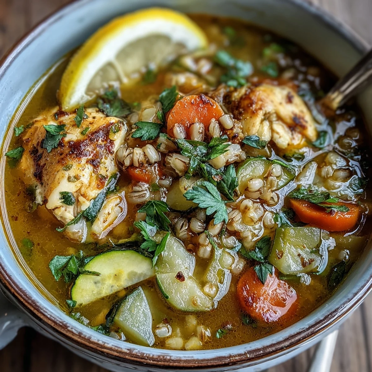 A close-up of Soothing Turmeric Chicken With Pearl Barley, featuring tender chicken, diced carrots, and golden turmeric broth.  