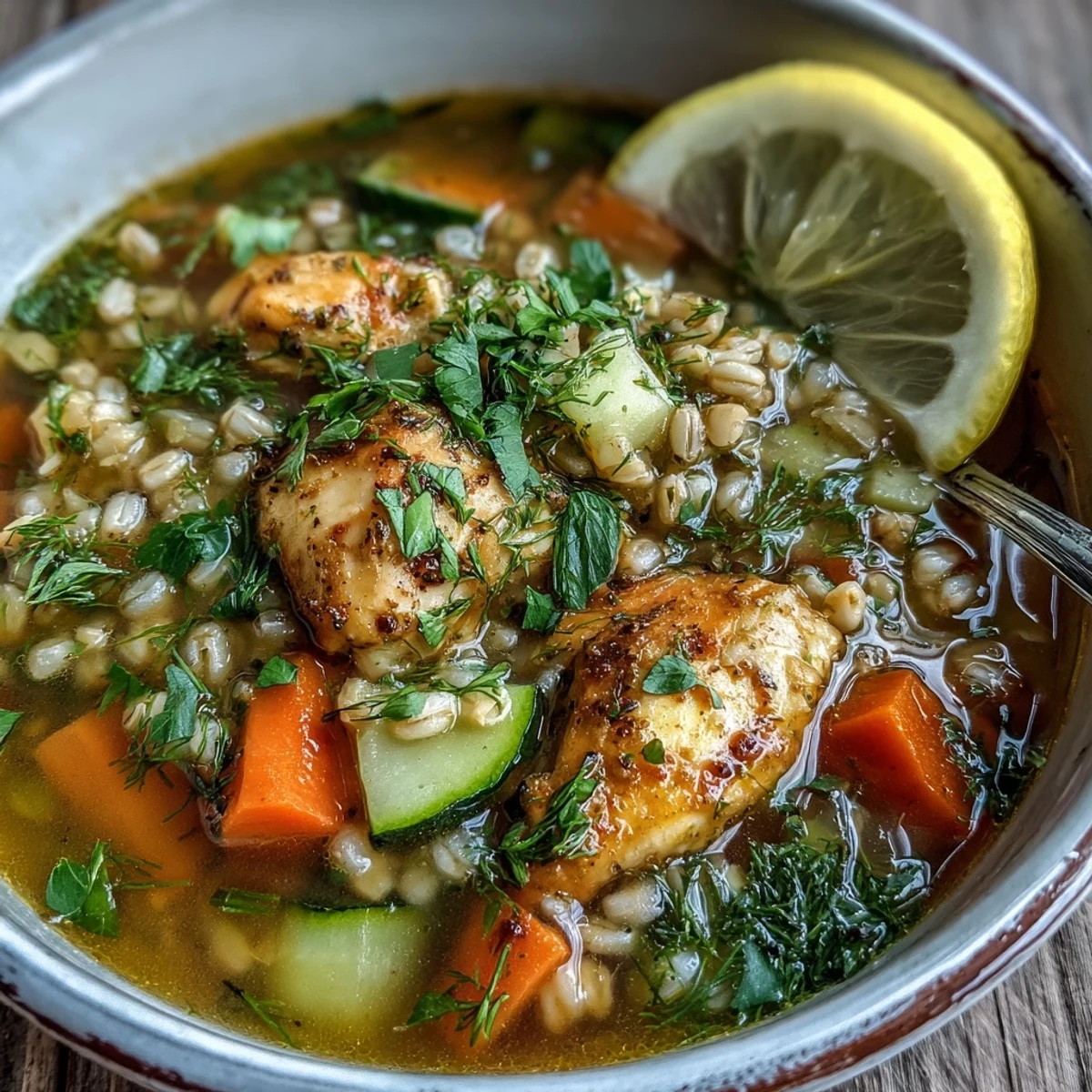 Soothing Turmeric Chicken With Pearl Barley ladled into a white bowl, garnished with parsley and served with crusty bread.