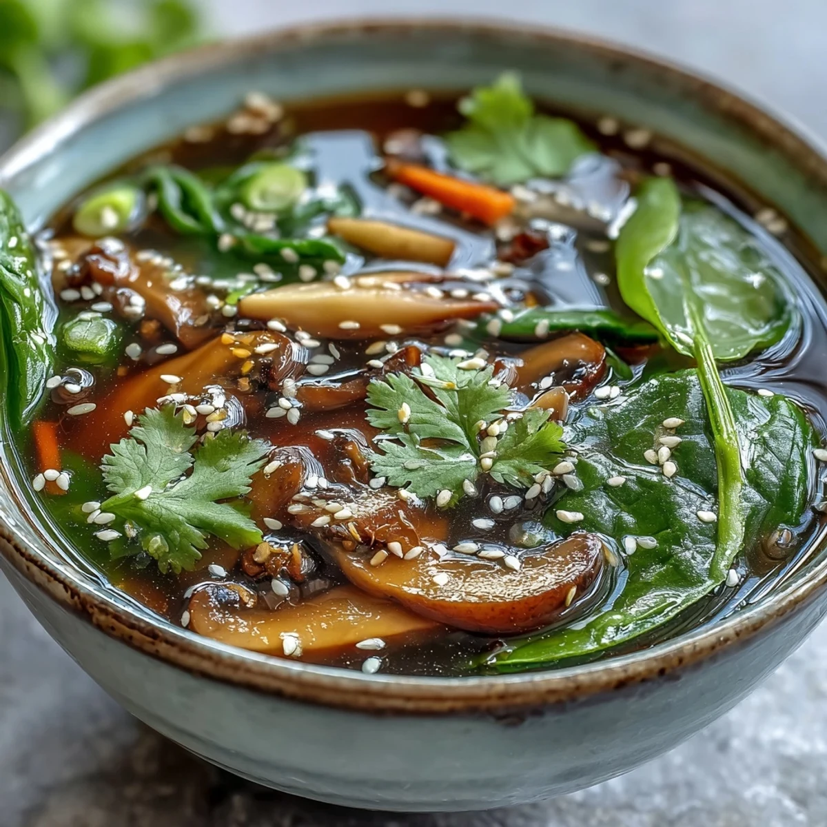 A steaming bowl of Miso Ginger Winter Soup, garnished with toasted sesame seeds and green onions, sitting beside fresh ginger and vegetables.