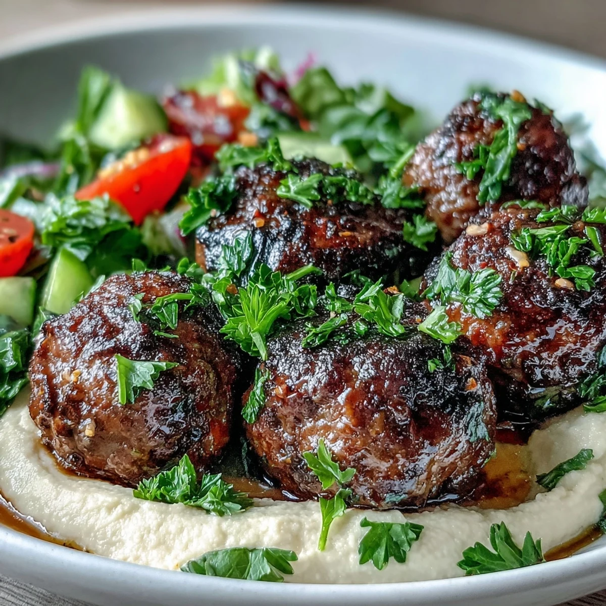 Golden-brown venison meatballs rest beside a vibrant salad and creamy hummus, sprinkled with fresh parsley and mint.