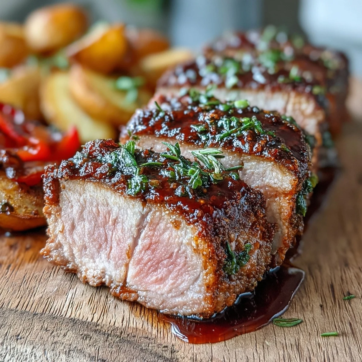 Succulent Marinated Ibérico Pork Fillet cut on a board with roasted potatoes and red peppers, ready to serve.