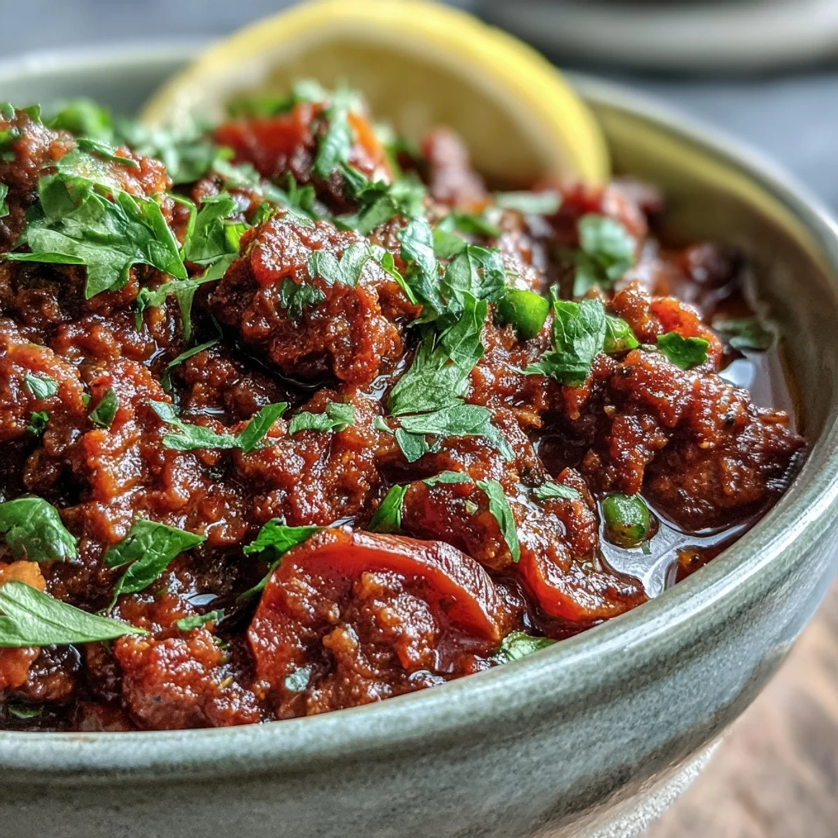 Steaming Venison Keema Curry with tender ground meat and peas in a rich, aromatic spice sauce.  