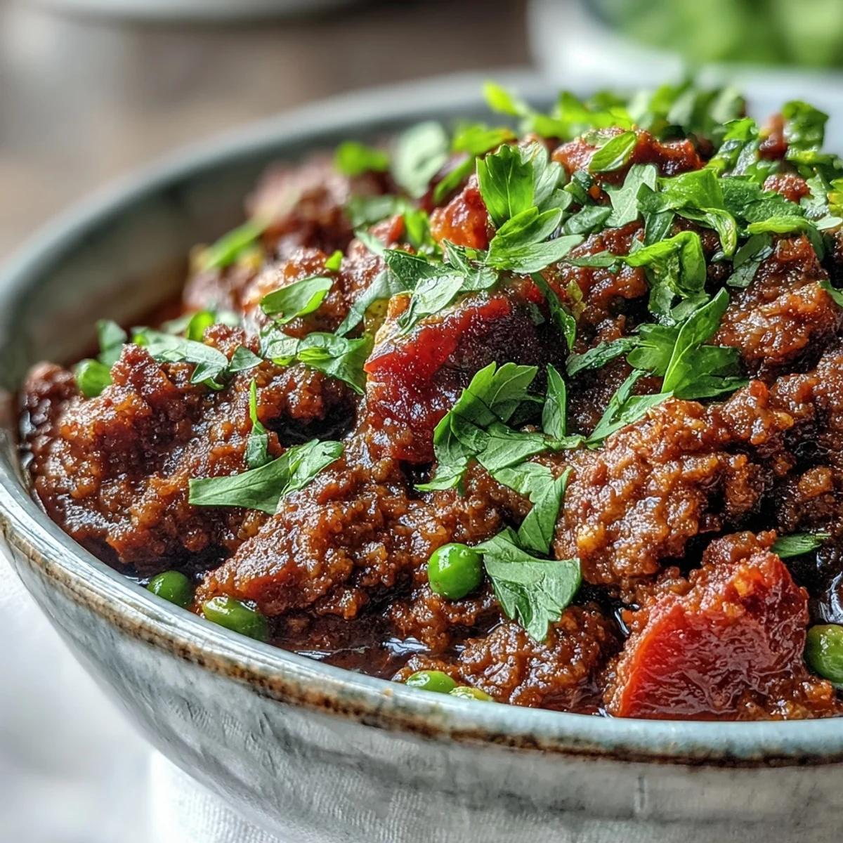 A skillet of bubbling Venison Keema Curry with ground venison and peas, finished with fresh cilantro.