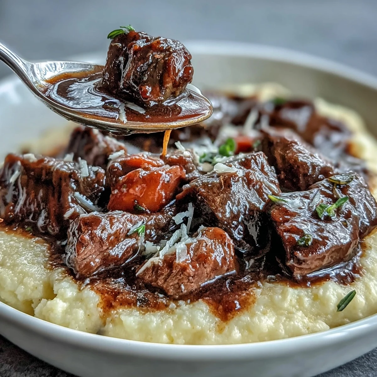 Steaming Venison Stew with Sloe Gin and Polenta in a rustic bowl, garnished with fresh thyme.