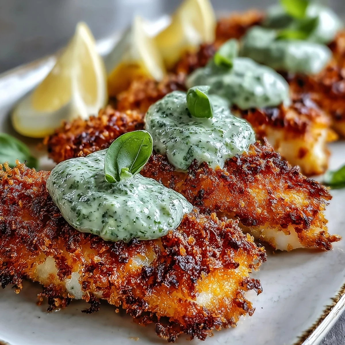 Golden-brown haddock goujons with a crispy Parmesan crust sit beside a bowl of vibrant green pea pesto and lemon wedges.