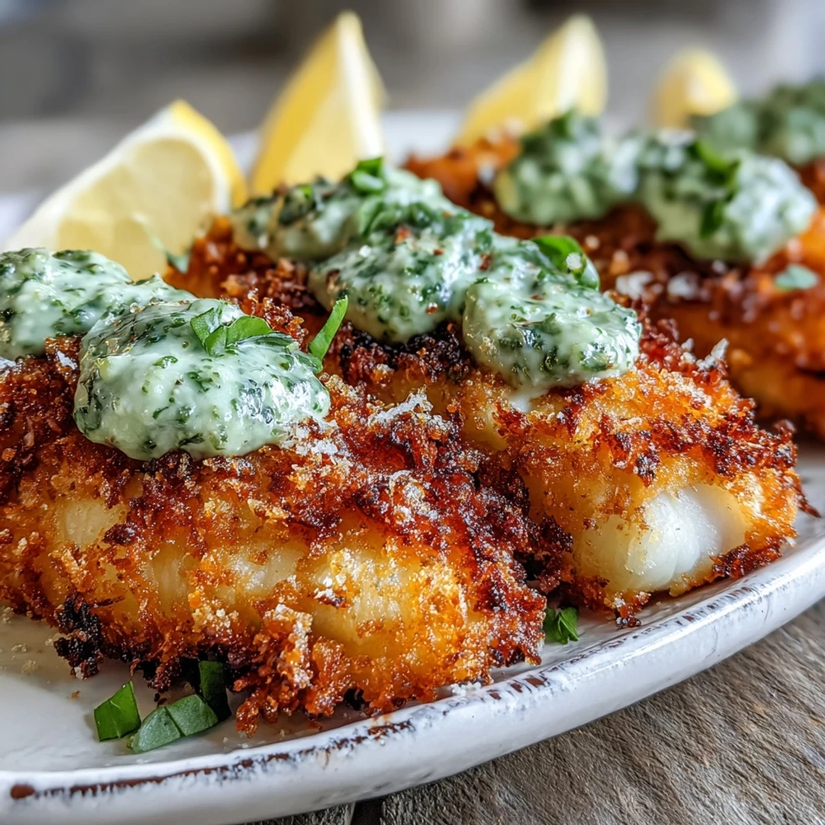 Close-up of crunchy haddock goujons with Parmesan crust next to creamy pea pesto and lemon wedges on a rustic table.