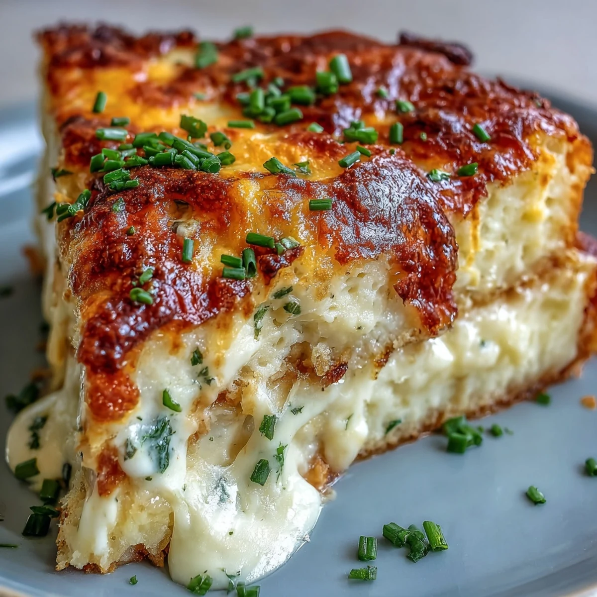 Golden, bubbling Cheese and Potato Pie with creamy Gruyère and cheddar layers, served warm on a rustic table.