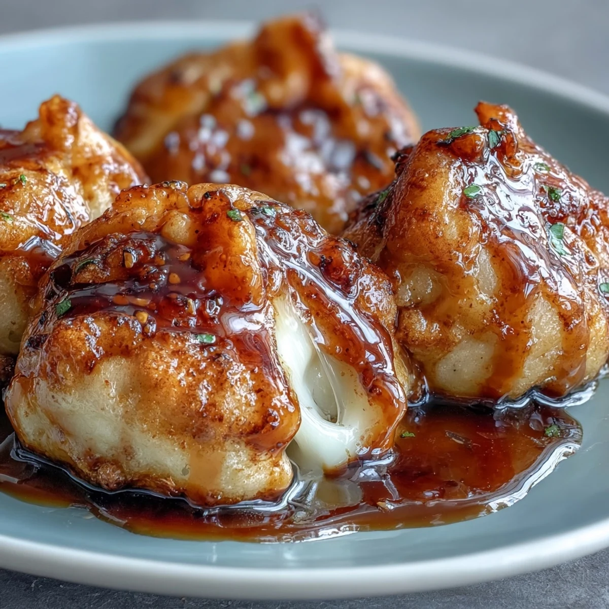 Golden-brown Chīzu Imomochi dumplings glisten with soy-honey glaze in a skillet, revealing melted cheese oozing from the potato dough.