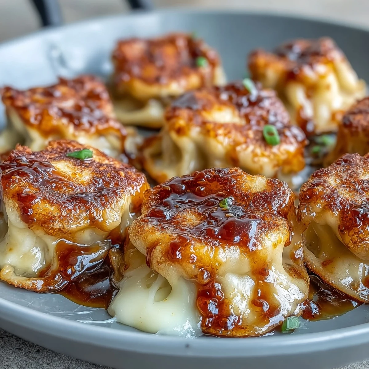 Freshly glazed Chīzu Imomochi arranged on a serving plate with chopsticks, representing a delicious Japanese appetizer or afternoon snack.