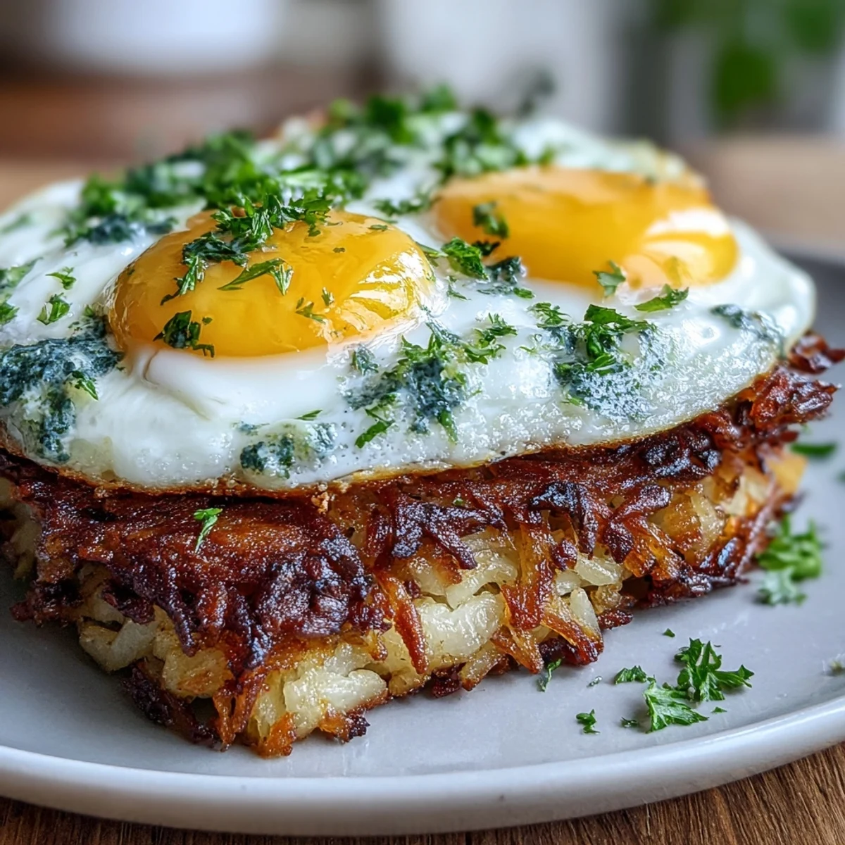 A plate of crispy celeriac rösti, swirled with spicy harissa yogurt and served alongside a perfectly fried egg.