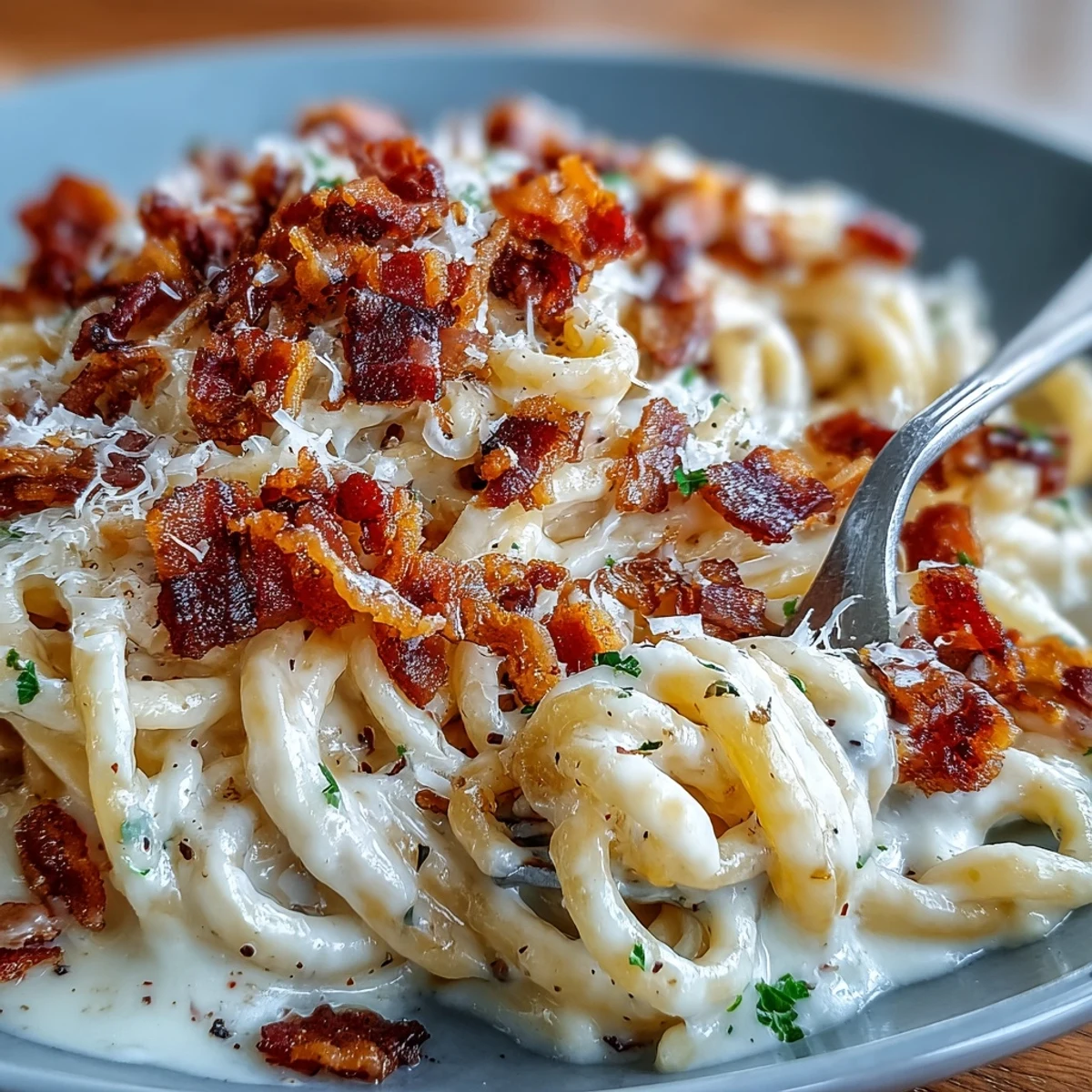 Spiralized celeriac carbonara tossed in creamy sauce with pancetta and fresh cracked pepper.