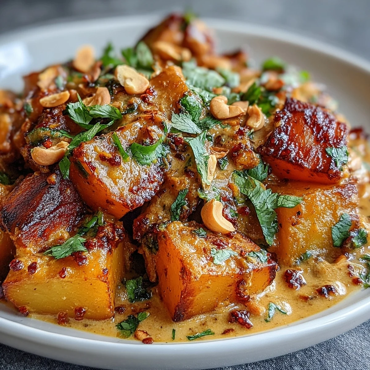 Roasted golden celeriac cubes nestled in a creamy, aromatic curry sauce, garnished with fresh cilantro.