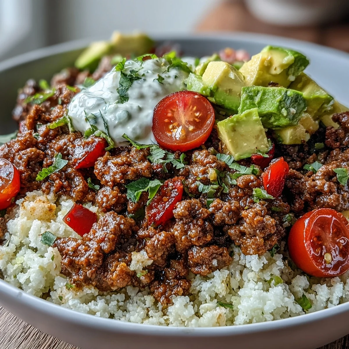 Low Carb Burrito Bowl served with cilantro, diced avocado, and cheesy beef over cauliflower rice and lettuce