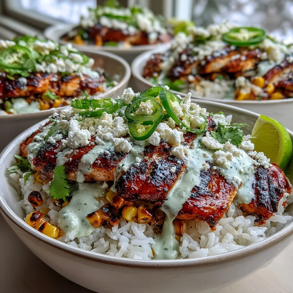 Hearty Street Corn Chicken and Rice Bowls served with juicy lime-marinated chicken thighs, fluffy rice, smoky corn, and a creamy sauce in a vibrant bowl.