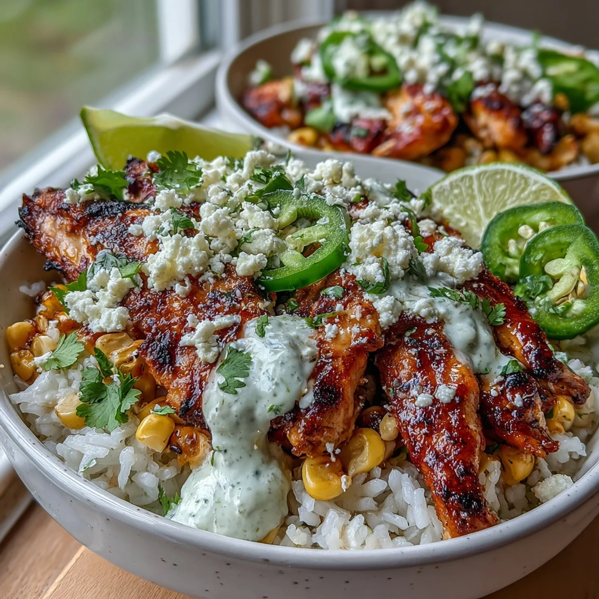 Plated Street Corn Chicken and Rice Bowls featuring golden cilantro-lime rice, tender grilled chicken, fresh jalapeños, and lime wedges for a complete weeknight meal.
