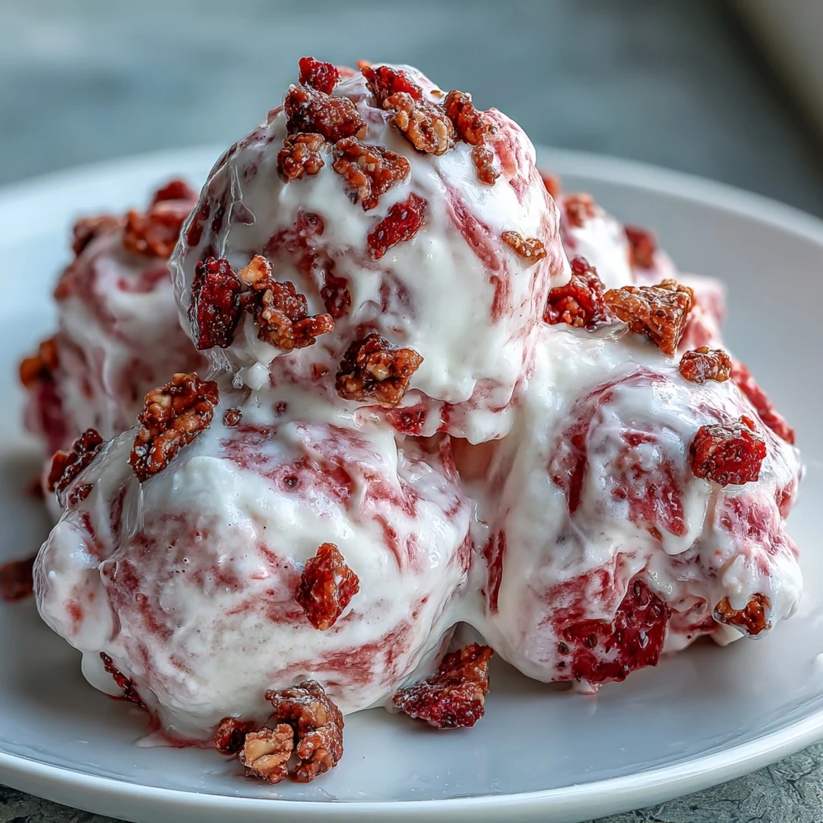 Frozen Strawberry & Banana Yoghurt Clusters on a tray with a creamy swirl and honey drizzle.