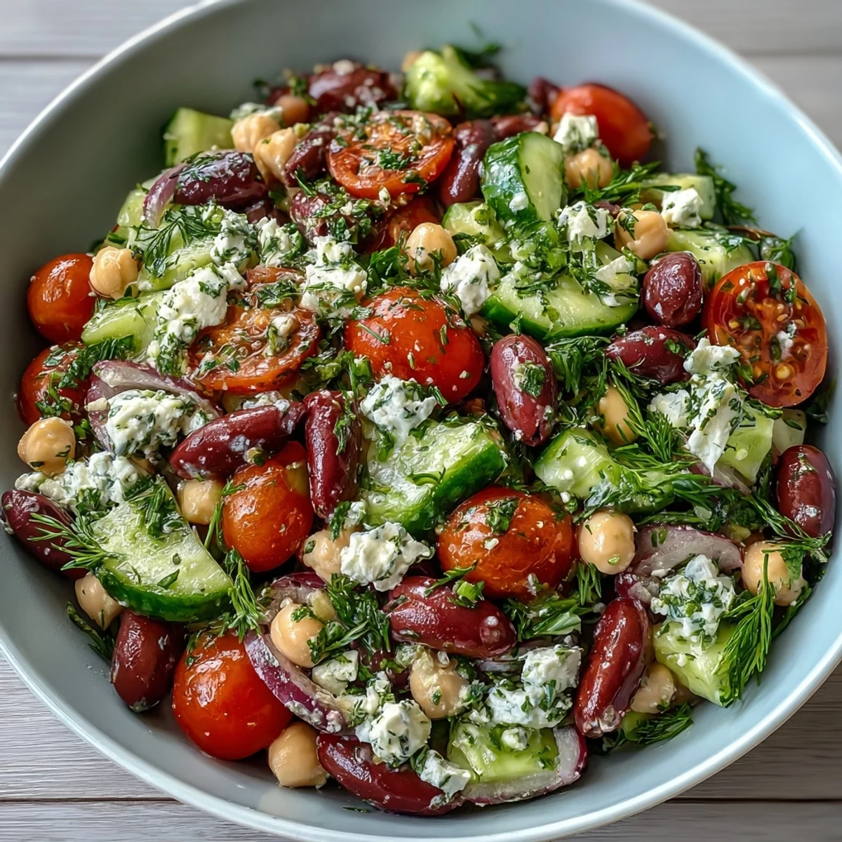 This Greek Bean Salad over mixed greens features juicy tomato halves, crisp cucumber, and crumbled feta, ready for a sunny lunch spread.
