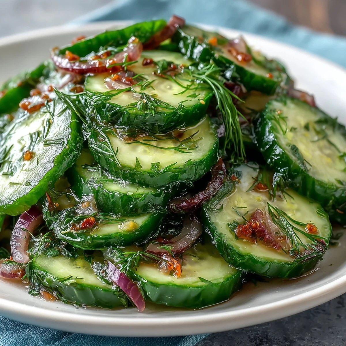 Refreshing Crunchy Cucumber Salad tossed with red onions and fresh dill in a tangy vinegar dressing.