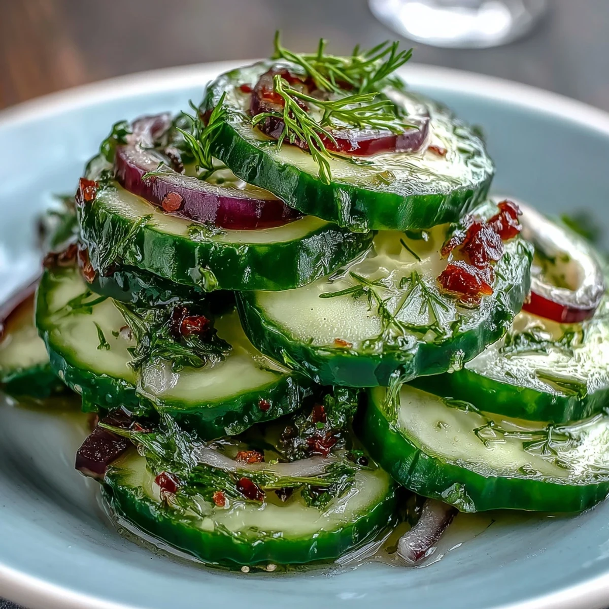 Close-up of thinly sliced Refreshing Crunchy Cucumber Salad with vibrant herbs and a light, glistening dressing.