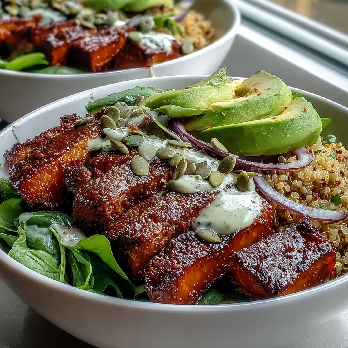 Roasted butternut squash steak bowls feature smoky steak and creamy avocado on a bed of fluffy quinoa with lime-cilantro dressing.