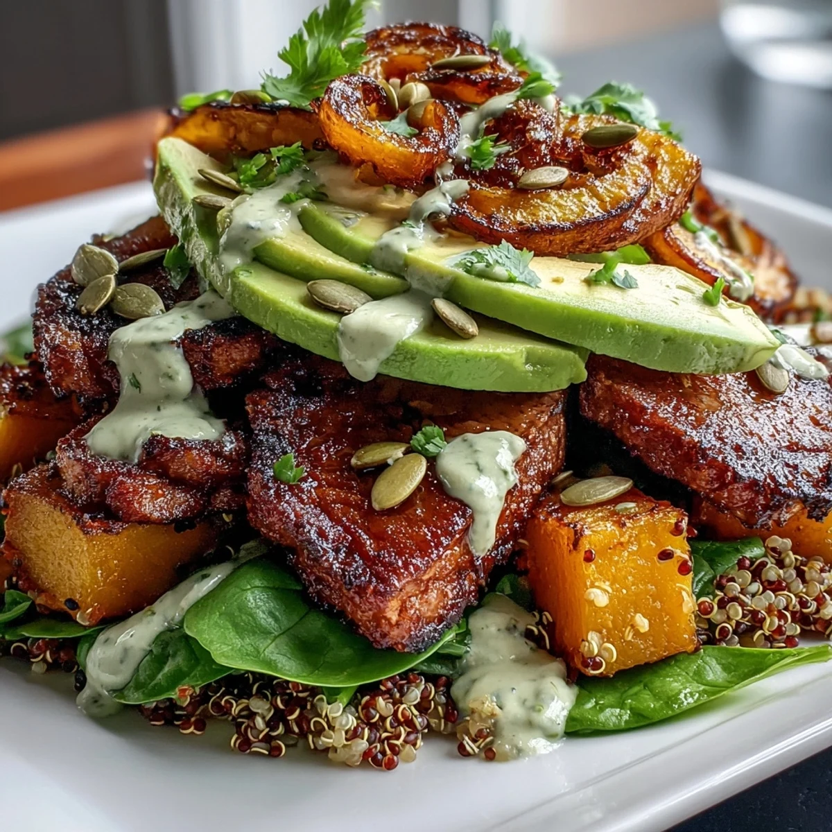 Gluten-free butternut squash steak bowls served with avocado, red onion, and pepitas for a colorful weeknight dinner or meal prep.