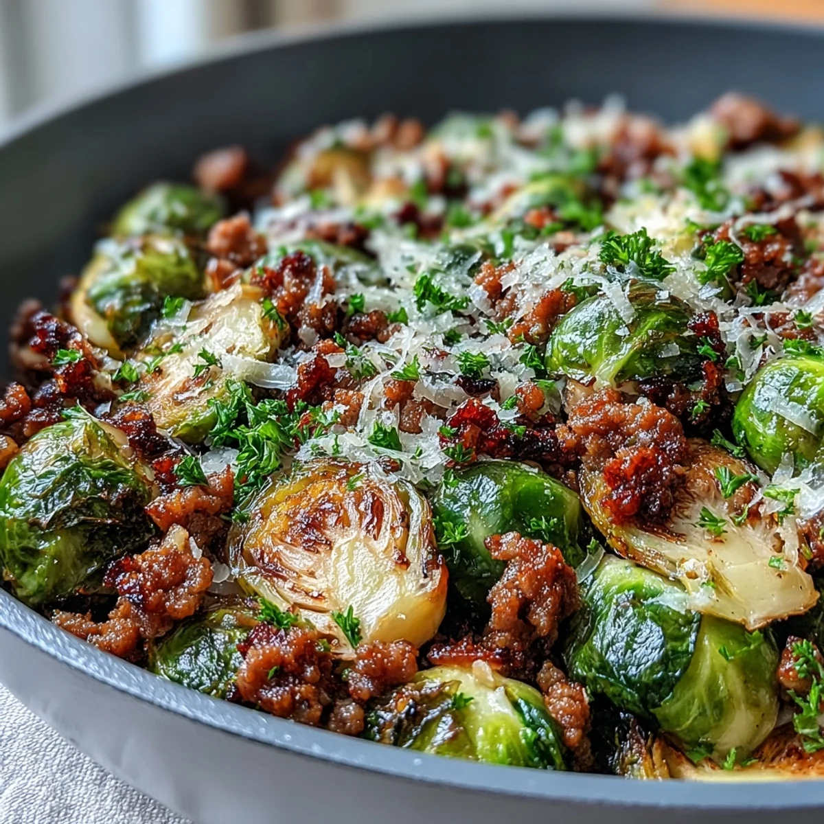 Golden-brown Brussels sprouts and savory ground turkey sizzle in a skillet, garnished with fresh parsley and Parmesan cheese.