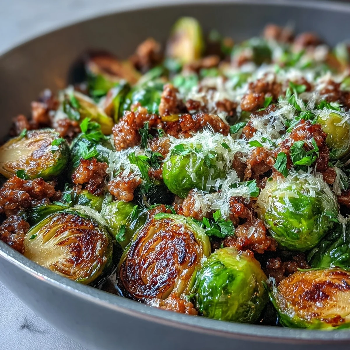 A steaming skillet of Brussels sprouts and ground turkey topped with melted Parmesan, served with a lemon wedge.