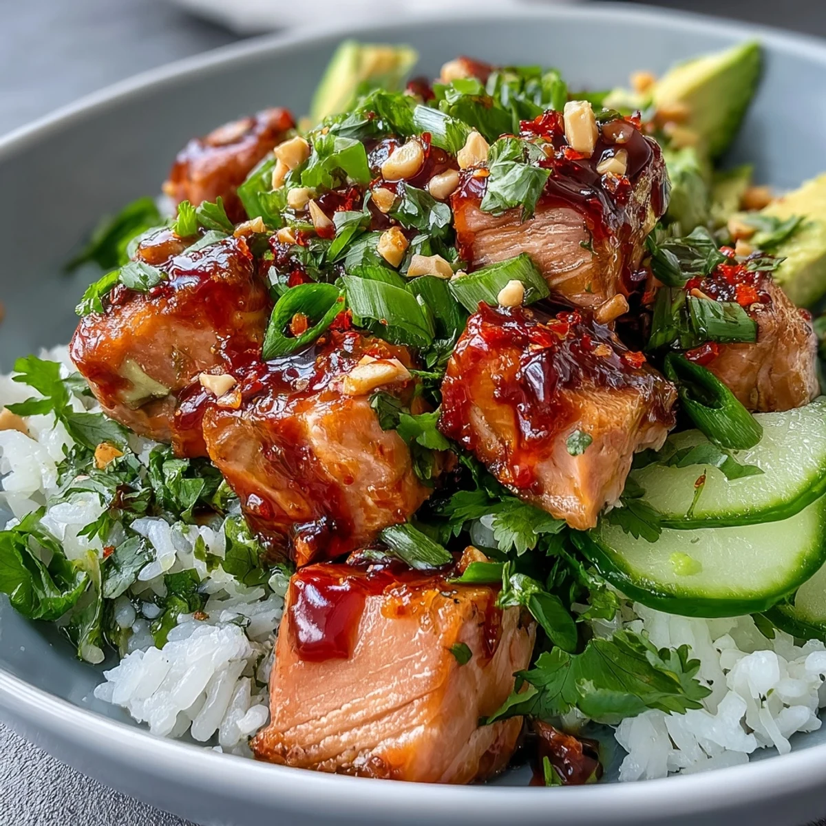 Avocado Salmon Bowl with Wasabi Tamari and Chili Oil