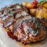 Freshly roasted Marinated Ibérico Pork Fillet served alongside tender red peppers and golden potatoes, garnished with rosemary.