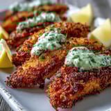 Oven-baked haddock goujons with Parmesan crust, drizzled with pea pesto and served over fresh arugula for a quick dinner.